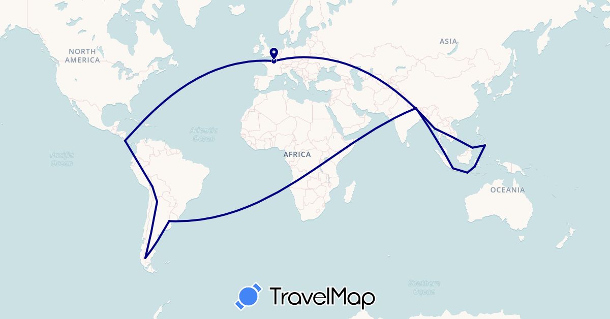 TravelMap itinerary: driving in Argentina, Bolivia, Costa Rica, France, Indonesia, Myanmar (Burma), Malaysia, Nepal, Philippines (Asia, Europe, North America, South America)